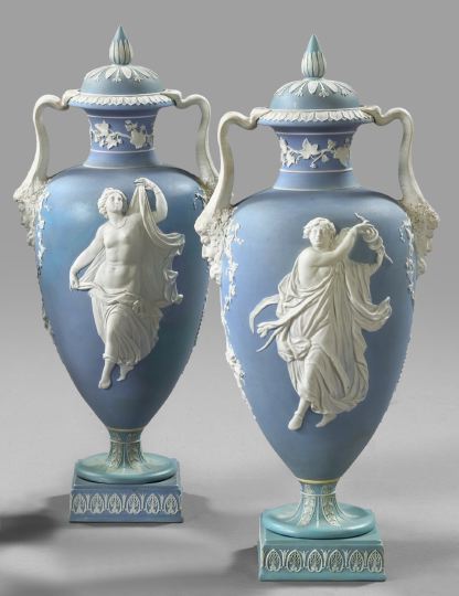 Appraisal: Fine Large Pair of Wedgwood Blue Jasper Covered Muses Vases