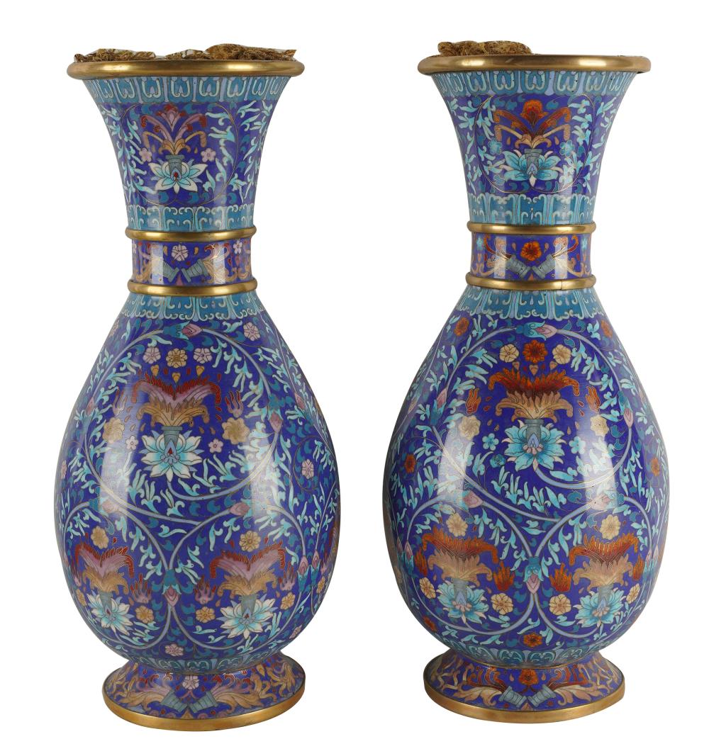 Appraisal: PAIR OF CHINESE CLOISONNE ENAMEL VASESwith wooden bases Provenance The