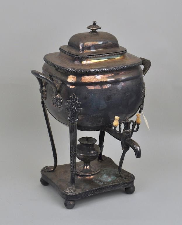 Appraisal: Sheffield Hot Water Urn Burner on paw feet Plate wear