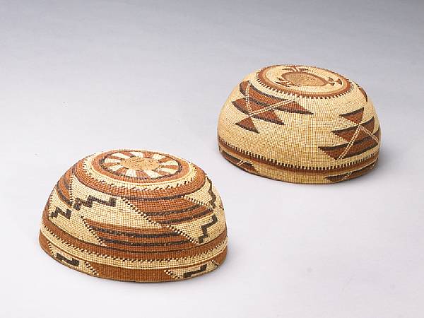 Appraisal: Two Northwest California polychrome hats One example decorated with stepped