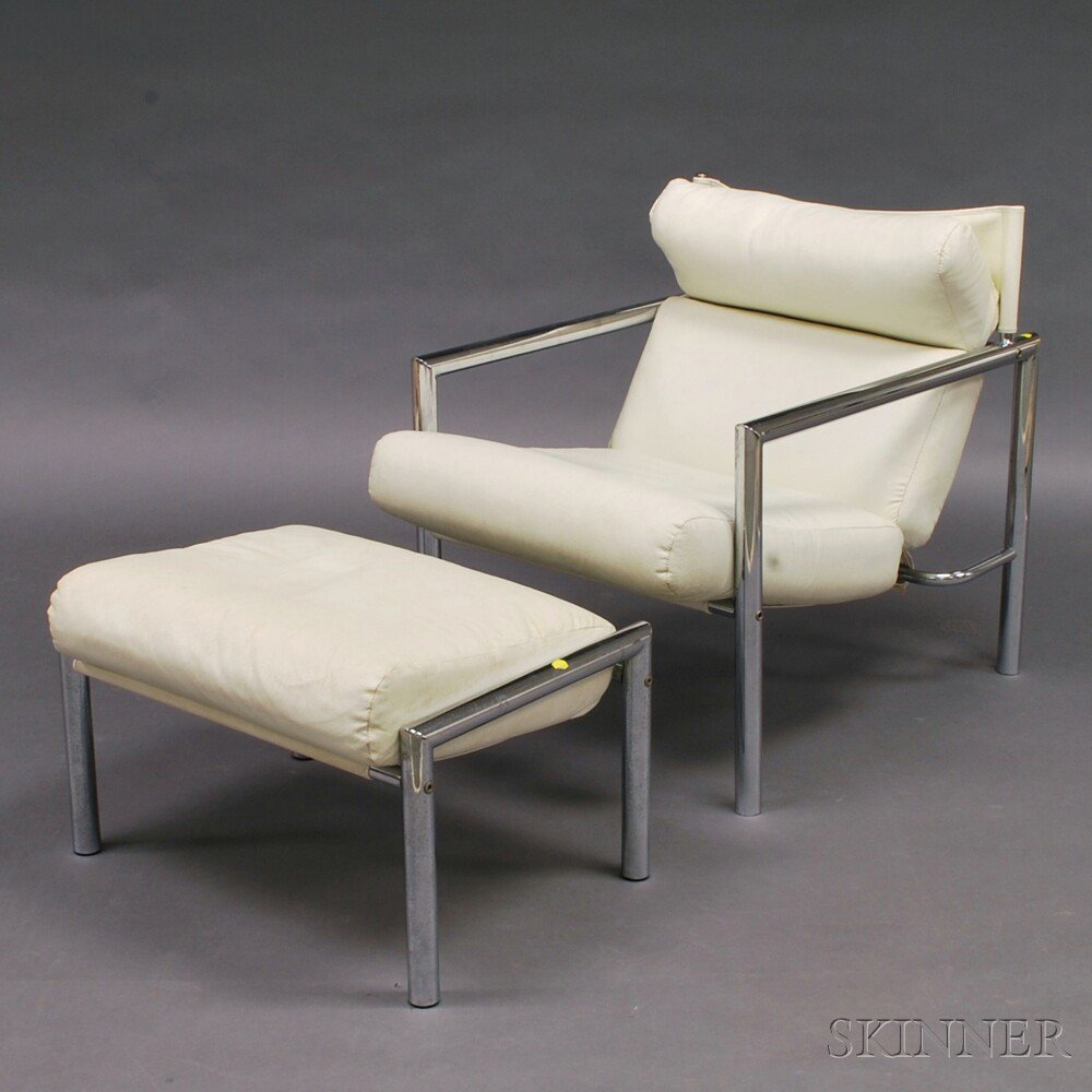 Appraisal: Modern Steel-frame White Leather-upholstered Lounge Chair and Ottoman th century