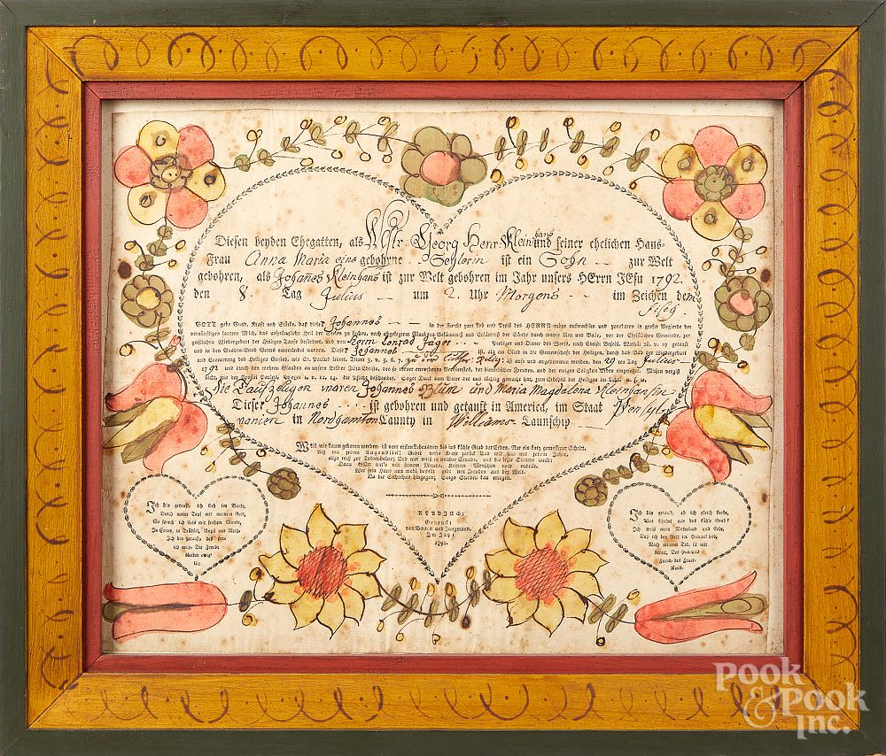 Appraisal: Friederich Krebs fraktur birth certificate Friederich Krebs Southeastern Pennsylvania -