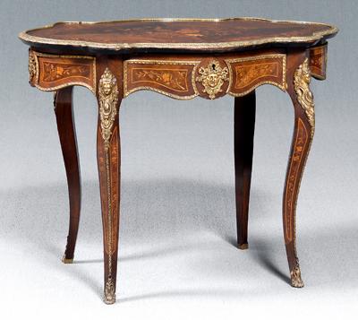 Appraisal: Louis XV style center table cartouche shaped marquetry top single