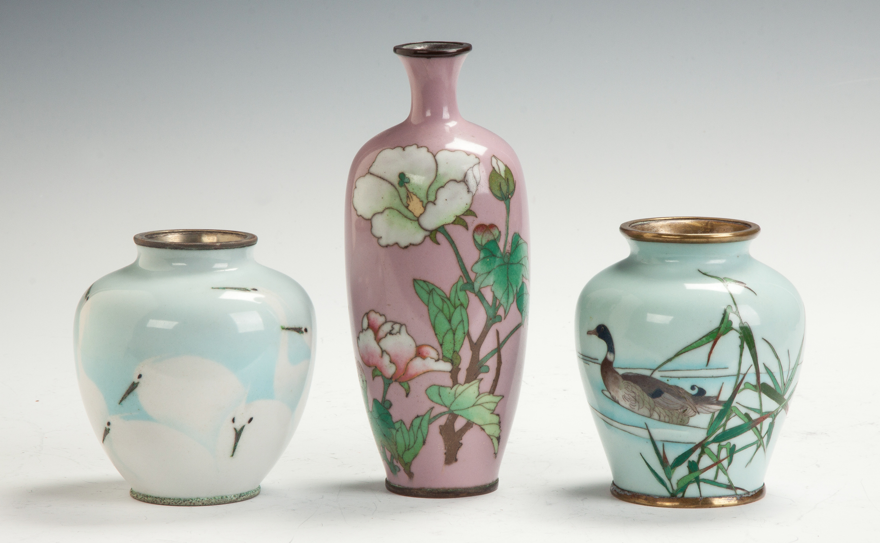 Appraisal: Three Japanese Vases L to R Decorated with cranes poppy