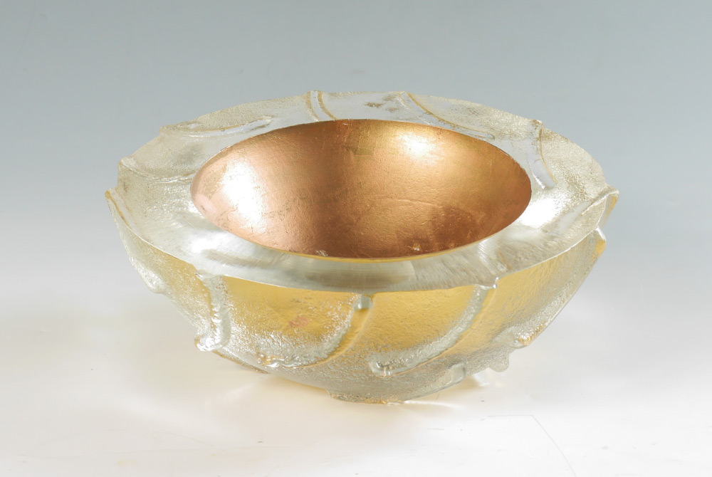 Appraisal: MOLLY STONE ART GLASS BOWL SCULPTURE Sculpted frosted bowl gold