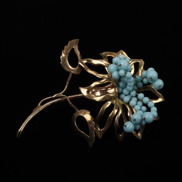 Appraisal: Nettie Rosenstein Sterling Vermeil Floral Trembler Brooch Pin with Turquoise