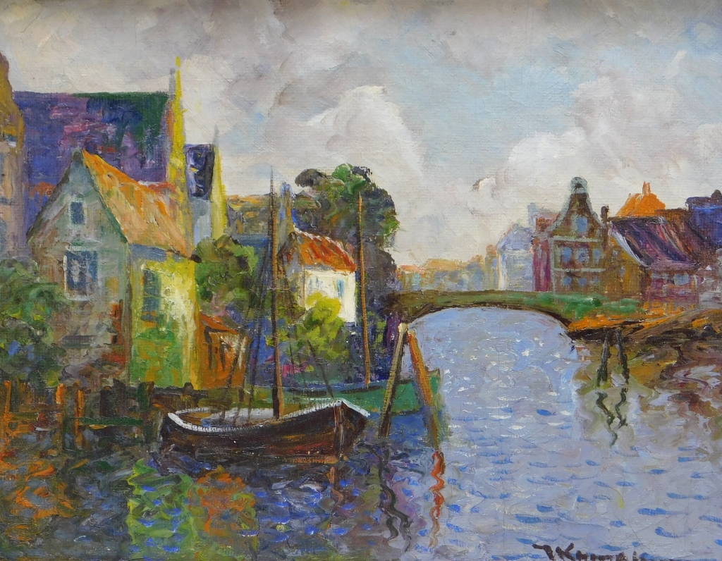 Appraisal: DUTCH IMPRESSIONIST DOCK PAINTING Netherlands th CenturyDepicts a bridge covered