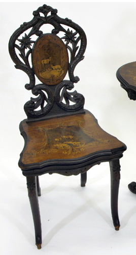 Appraisal: CARVED AND INLAID BLACK FOREST MUSIC BOX CHAIR Swiss late