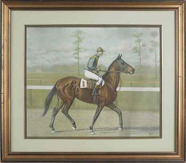 Appraisal: Color lithograph of a jockey on a horse together with