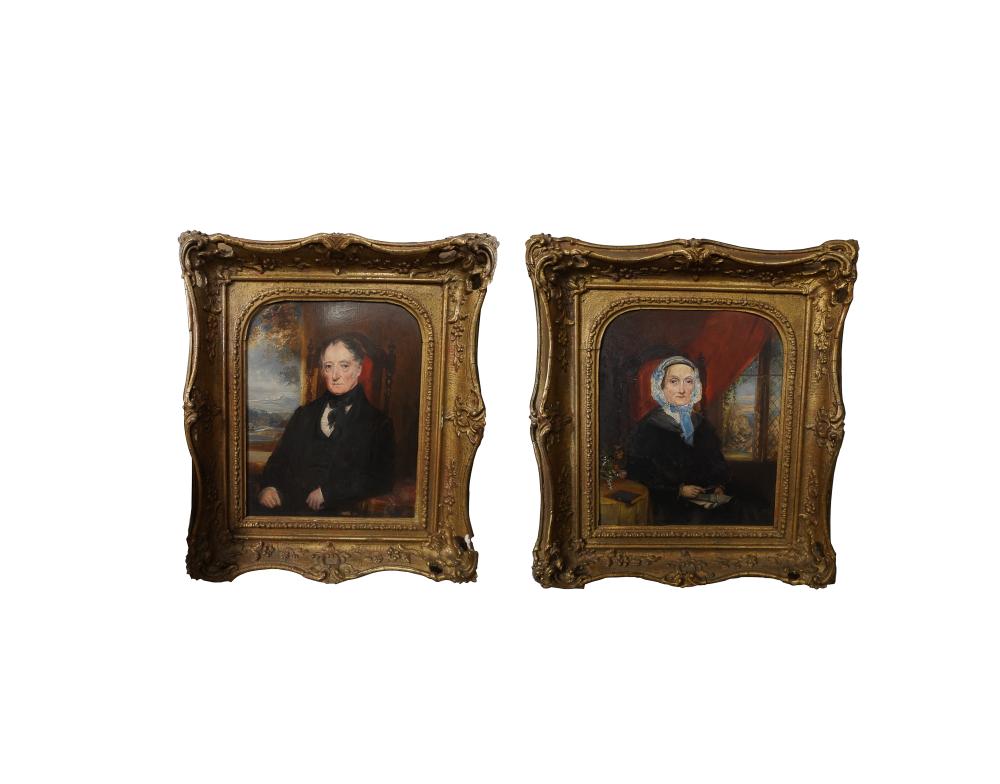 Appraisal: PAIR OF ENGLISH PORTRAIT PAINTINGSoil on panel appears unsigned image