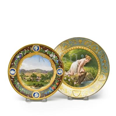 Appraisal: ROYAL VIENNA ROYAL COPENHAGEN PORCELAIN PLATES Two both hand-painted late