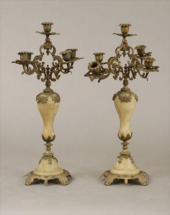 Appraisal: Pair of Louis XV-Style Gilt-Metal Mounted Alabaster Five-Light Candelabra x