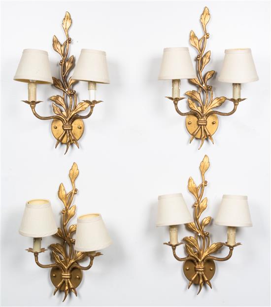 Appraisal: Sale Lot Four Gilded Two-Light Sconces in the form of