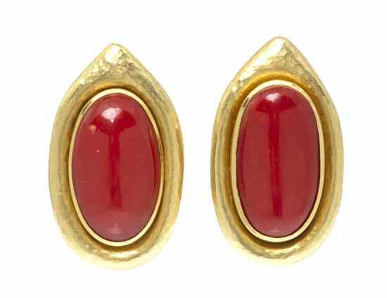 Appraisal: A Pair of Karat Yellow Gold and Oxblood Coral Earclips