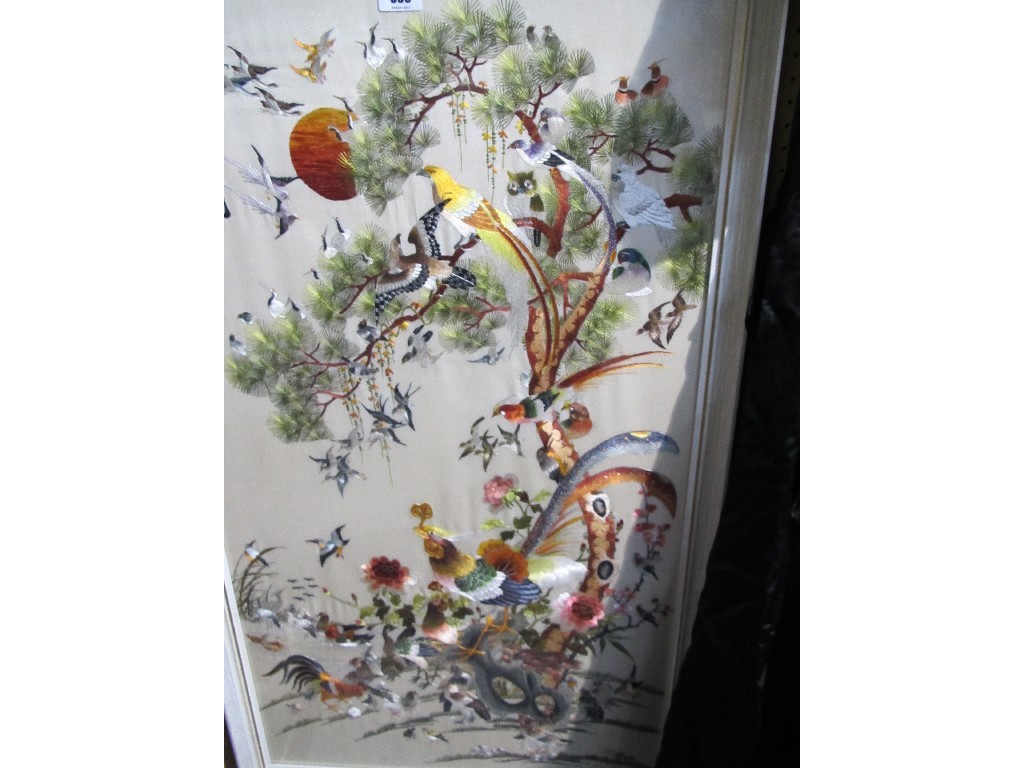 Appraisal: Framed oriental woven picture - brothers in a tree