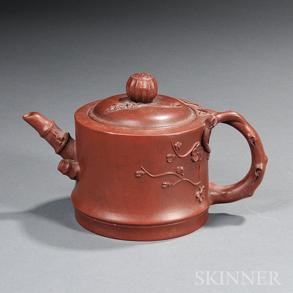 Appraisal: Yixing Teapot China th century cylindrical with a bamboo-form spout