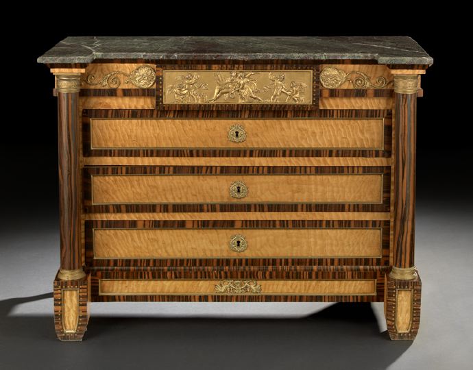 Appraisal: Unusual Empire-Style Satinwood Zebra Wood and Marble-Top Commode the rectangular