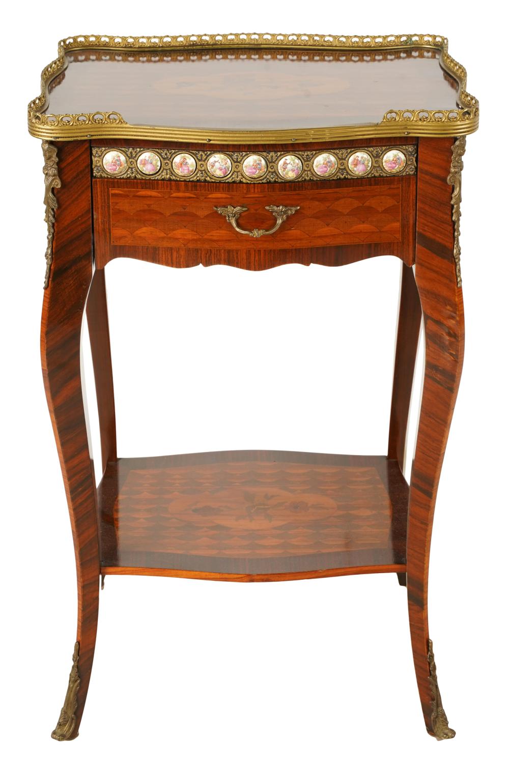 Appraisal: FRENCH PORCELAIN-INSET MARQUETRY END TABLEcontemporary with pierced gilt-metal gallery and