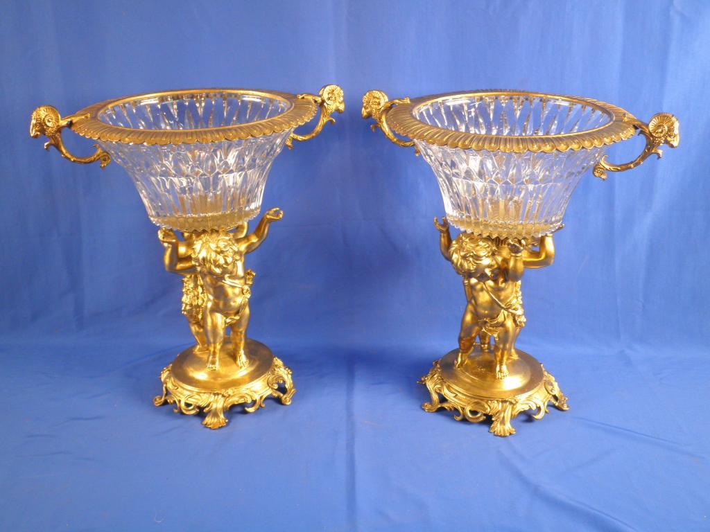 Appraisal: Milo A pair of gilt brass and glass centre pieces