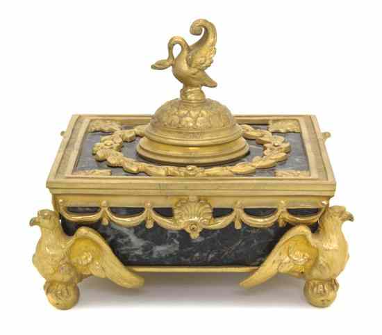 Appraisal: An Empire Style Gilt Bronze and Marble Encrier of square