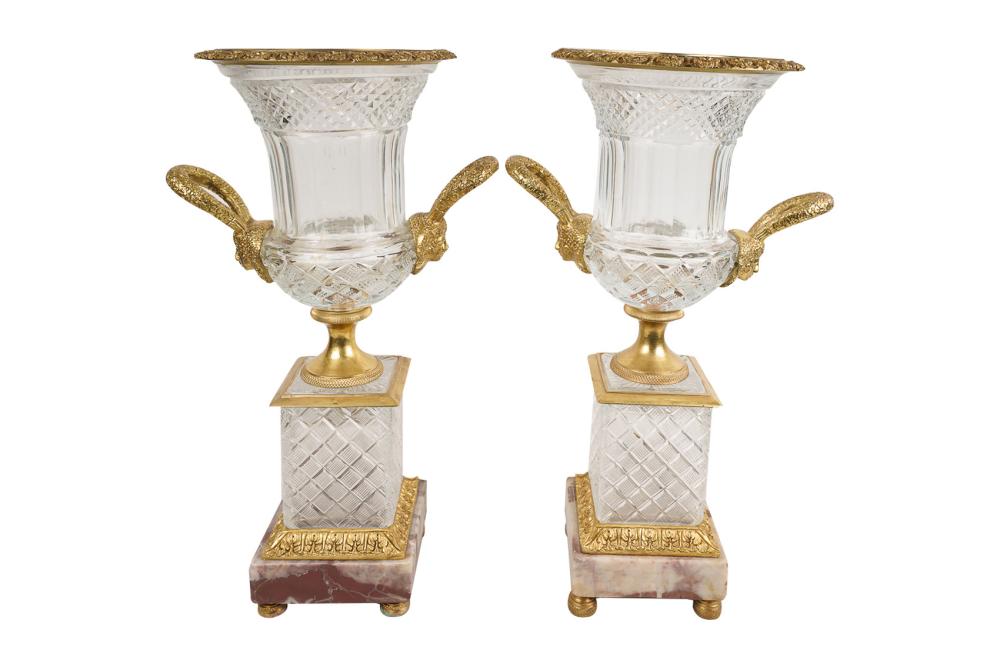 Appraisal: PAIR OF GILT-MOUNTED CUT GLASS URN-FORM GARNITURESeach on a marble