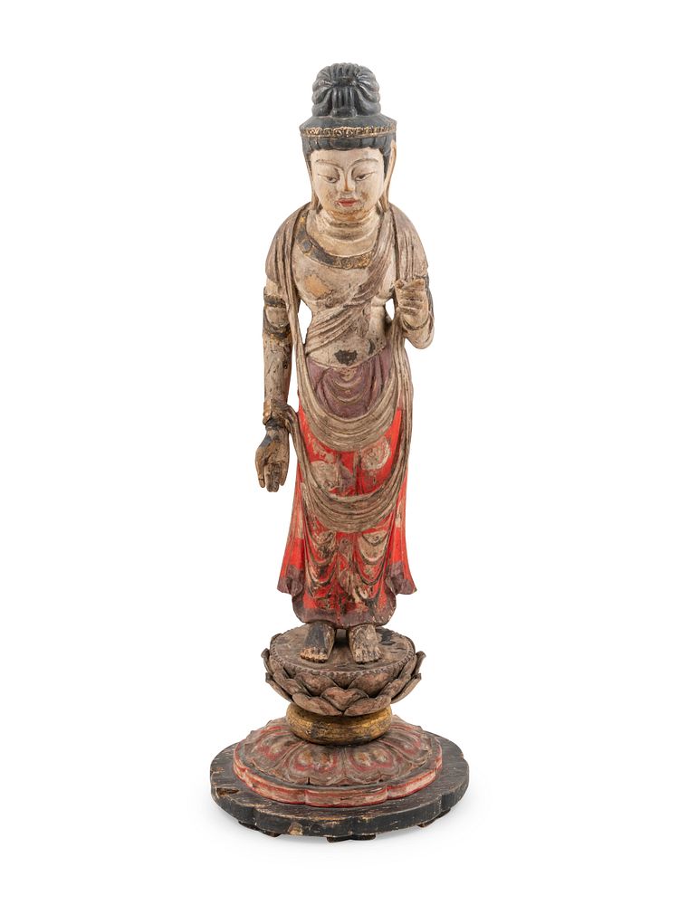 Appraisal: A Carved and Polychrome Lacquered Wood Standing Buddha A Carved