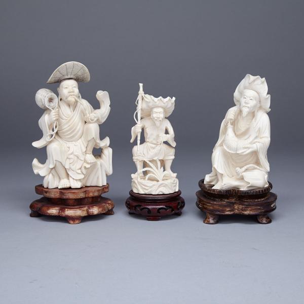 Appraisal: Three Ivory Carved Fishermen Circa - Each similarly rendered in