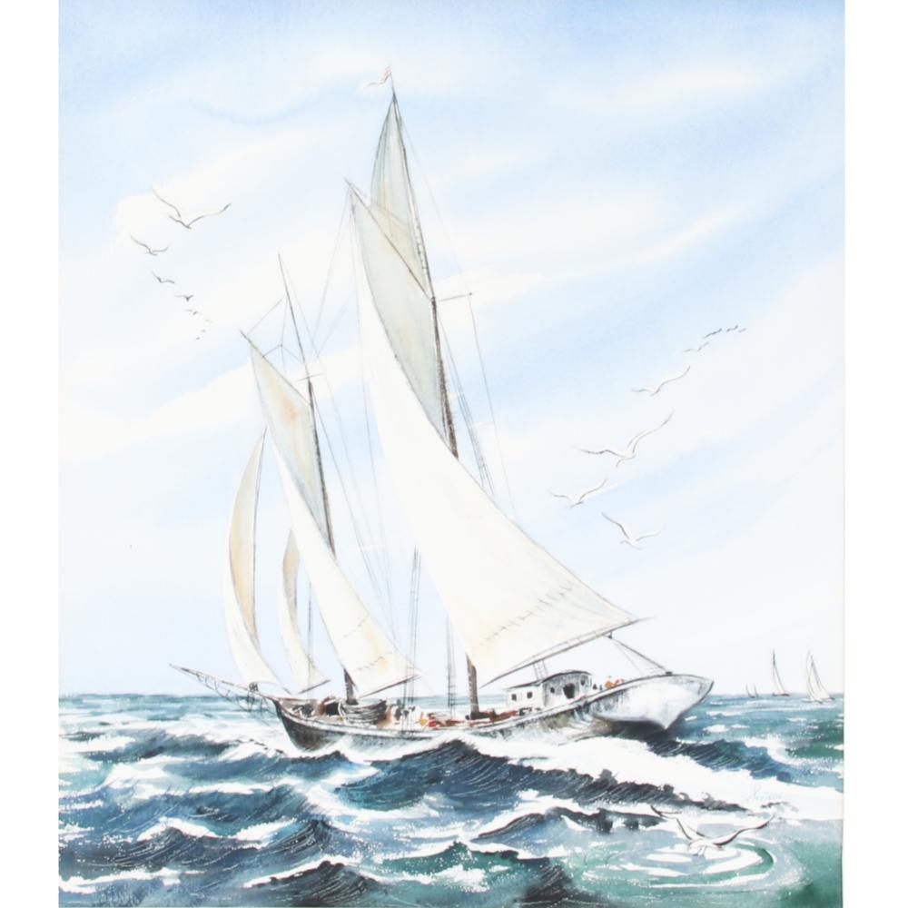 Appraisal: STREIDL AMERICAN TH CENTURY UNTITLED SAILBOAT AND WHITECAPS WATERCOLOR ON