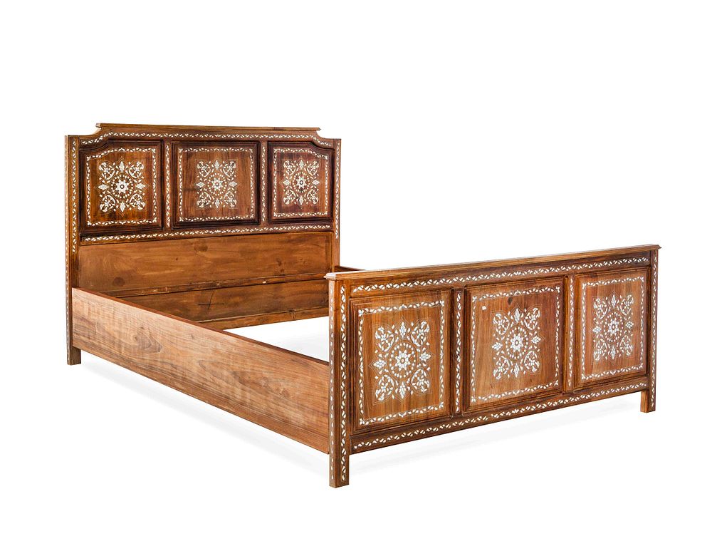 Appraisal: A Syrian Mother-of-Pearl Inlaid Walnut Bed A Syrian Mother-of-Pearl Inlaid