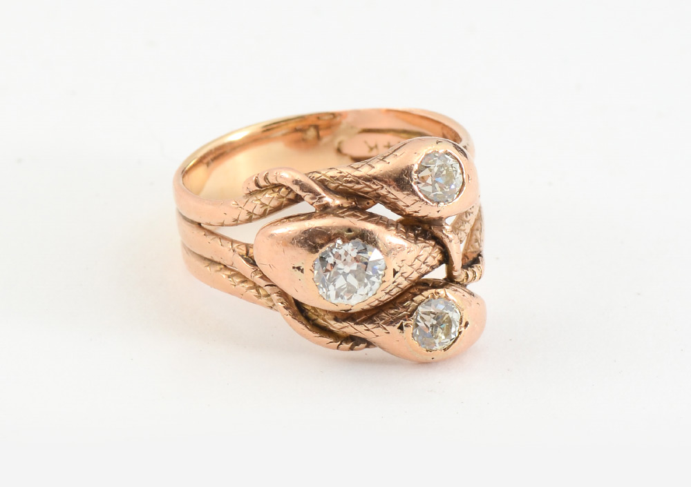 Appraisal: ANTIQUE DIAMOND SNAKE RING K rose gold three snake ring