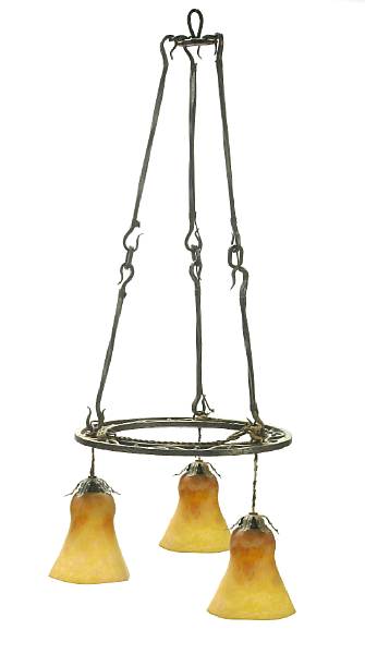 Appraisal: A Paul Kiss wrought-metal and Daum glass chandelier s tag