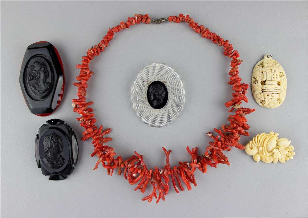 Appraisal: CORAL NECKLACE AND BLACK CAMEOS AND FAUX IVORY