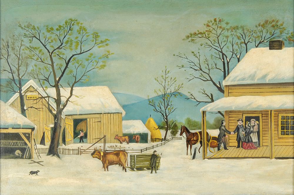 Appraisal: AMERICAN SCHOOLLate th CenturyPrimitive winter farm scene with house barn