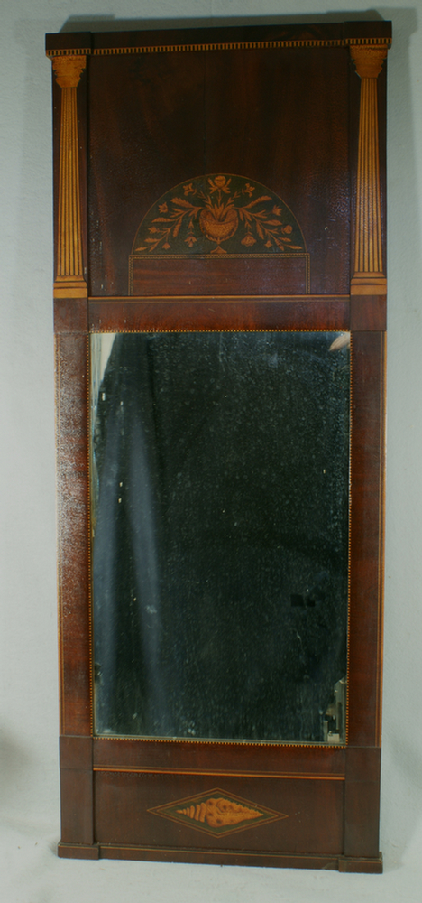 Appraisal: Inlaid mahogany Federal wall mirror basket of flowers flanked by