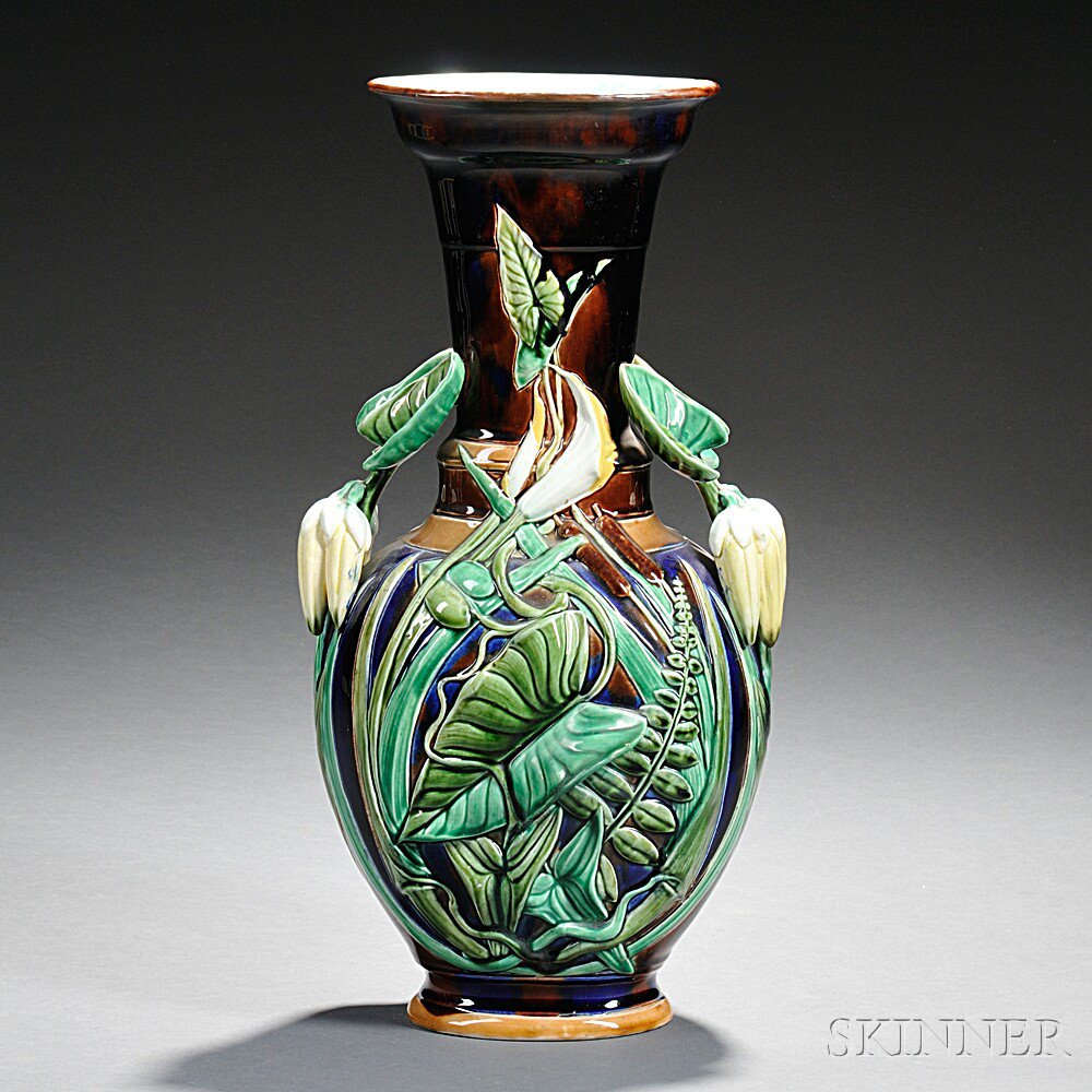 Appraisal: Sarreguemines Majolica Vase France late th century heavily decorated with