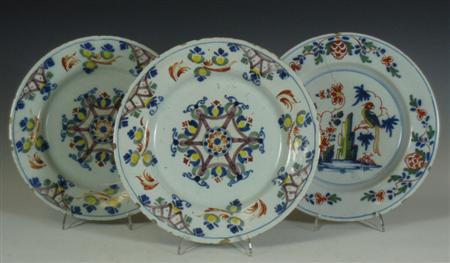 Appraisal: Three th century Delft polychrome painted plates two plates with