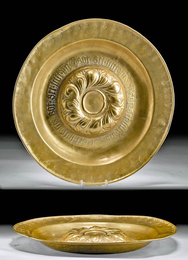 Appraisal: Inscribed th C European Brass Alms Plate Originally Listed At