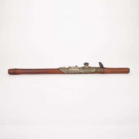 Appraisal: Opium pipe early Century With cylindrical bamboo stem metal mounted