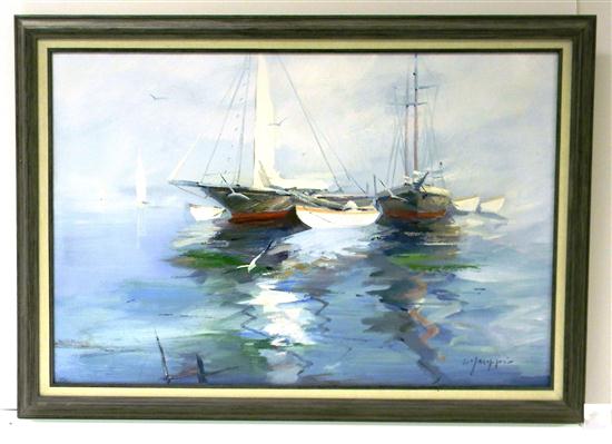 Appraisal: Charles Gruppe American b ''Regatta'' oil on canvas depicts ships