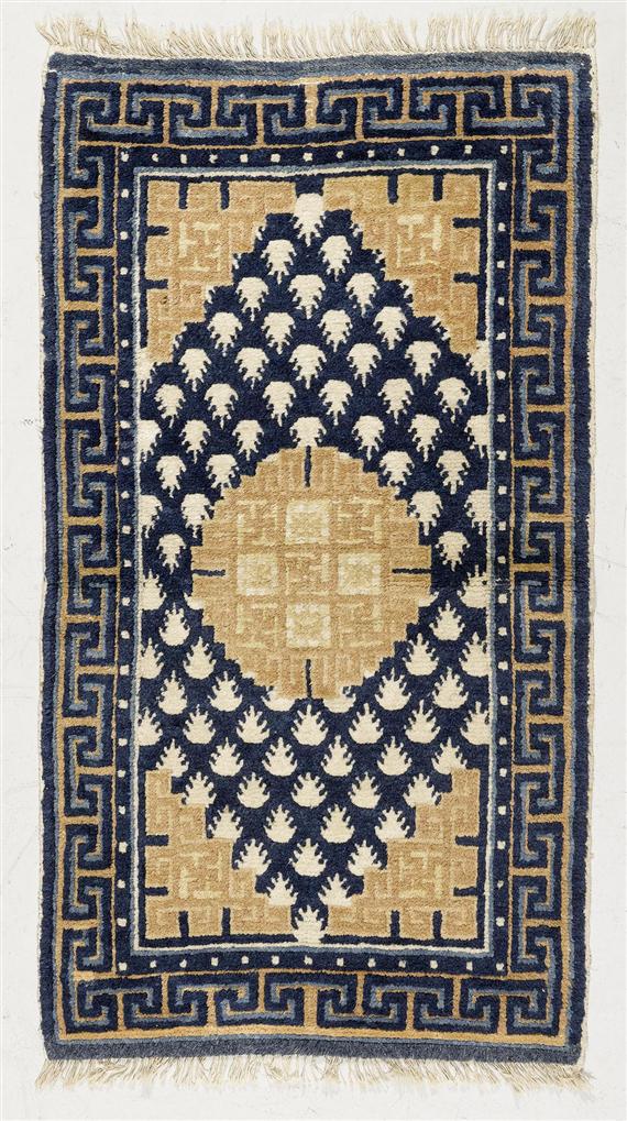 Appraisal: SMALL NINGXIA antique Blue and beige central field geometrically patterned