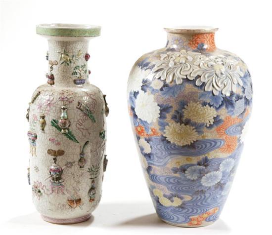 Appraisal: TWO VASES Asian th century porcelain Chrysanthemums and water Underglaze