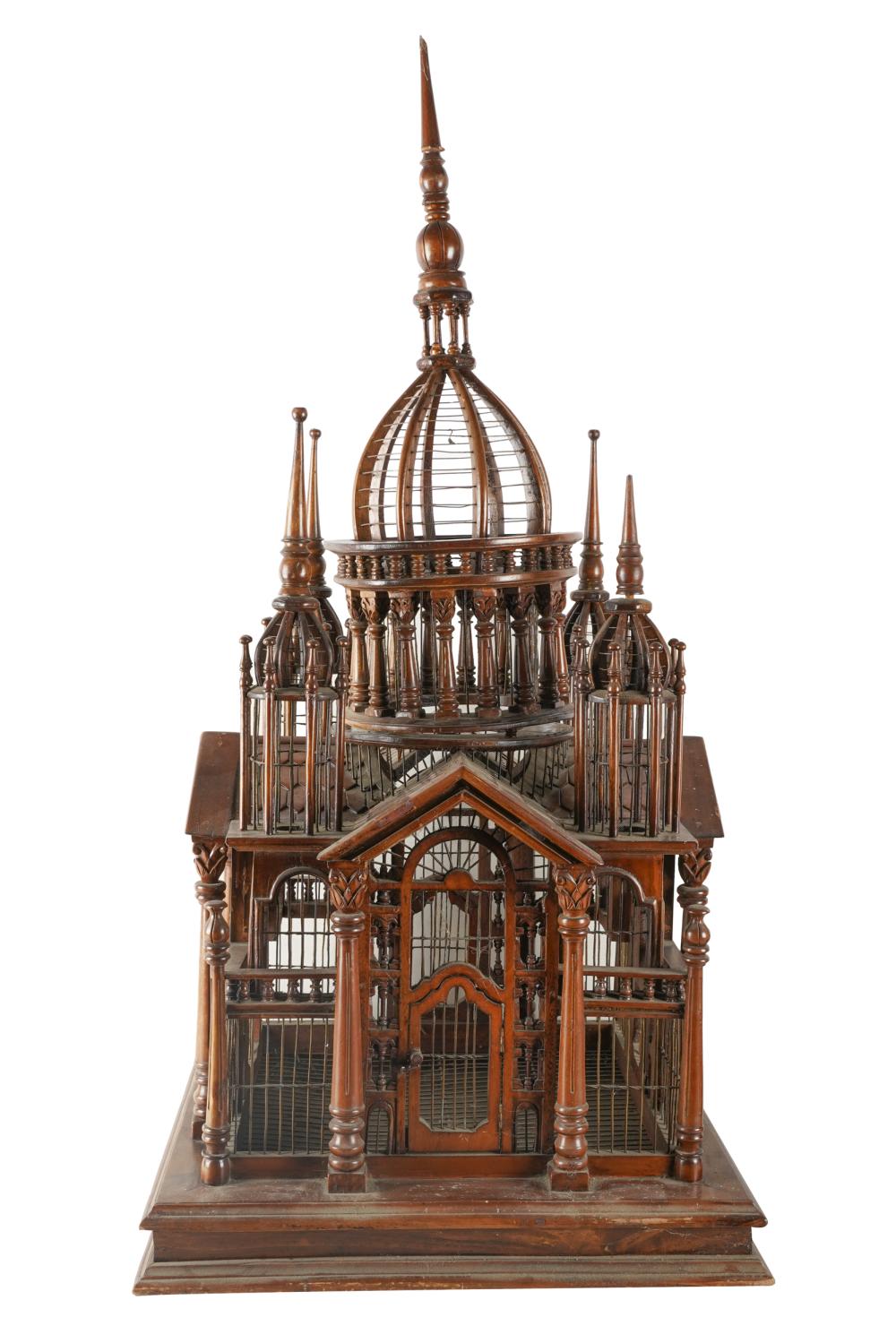 Appraisal: WOOD WIRE ARCHITECTURAL BIRDCAGEmodeled as a classical-style building with a