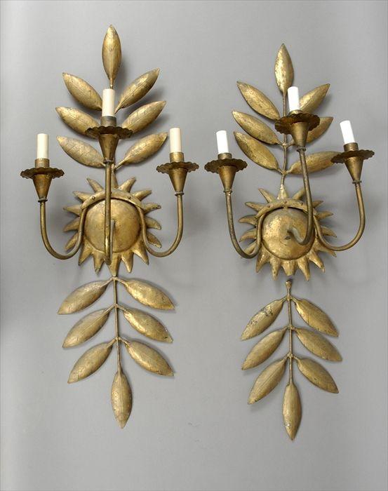 Appraisal: Pair of Gilt-Metal Sunflower-Form Three-Light Wall Sconces x in