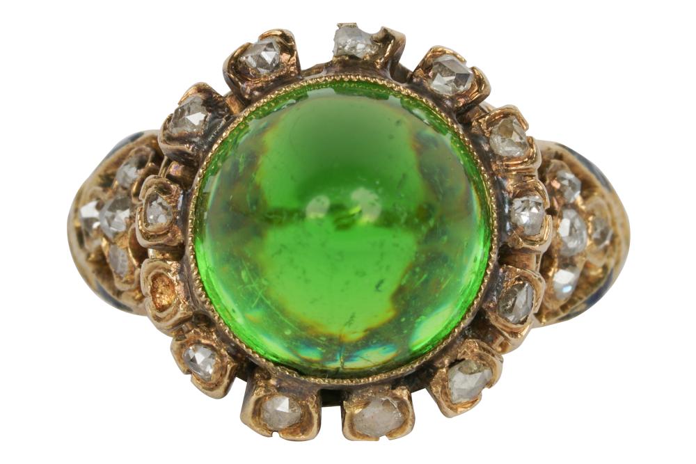 Appraisal: KARAT YELLOW GOLD GREEN GLASS RINGcentering one round high top