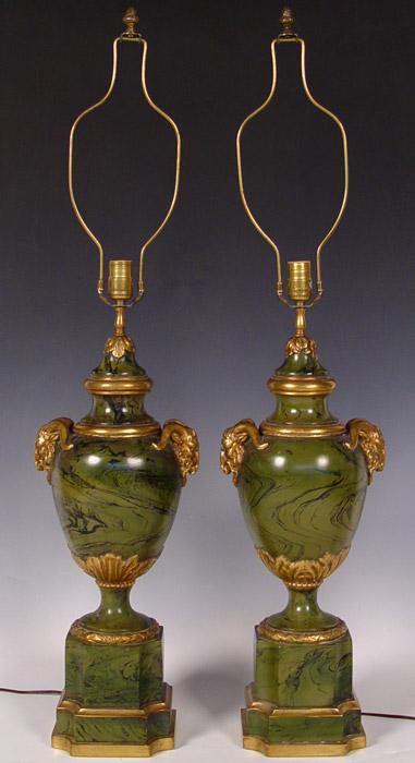 Appraisal: PAIR OF ITALIAN RAMS HEAD LAMPS Painted faux marble finish