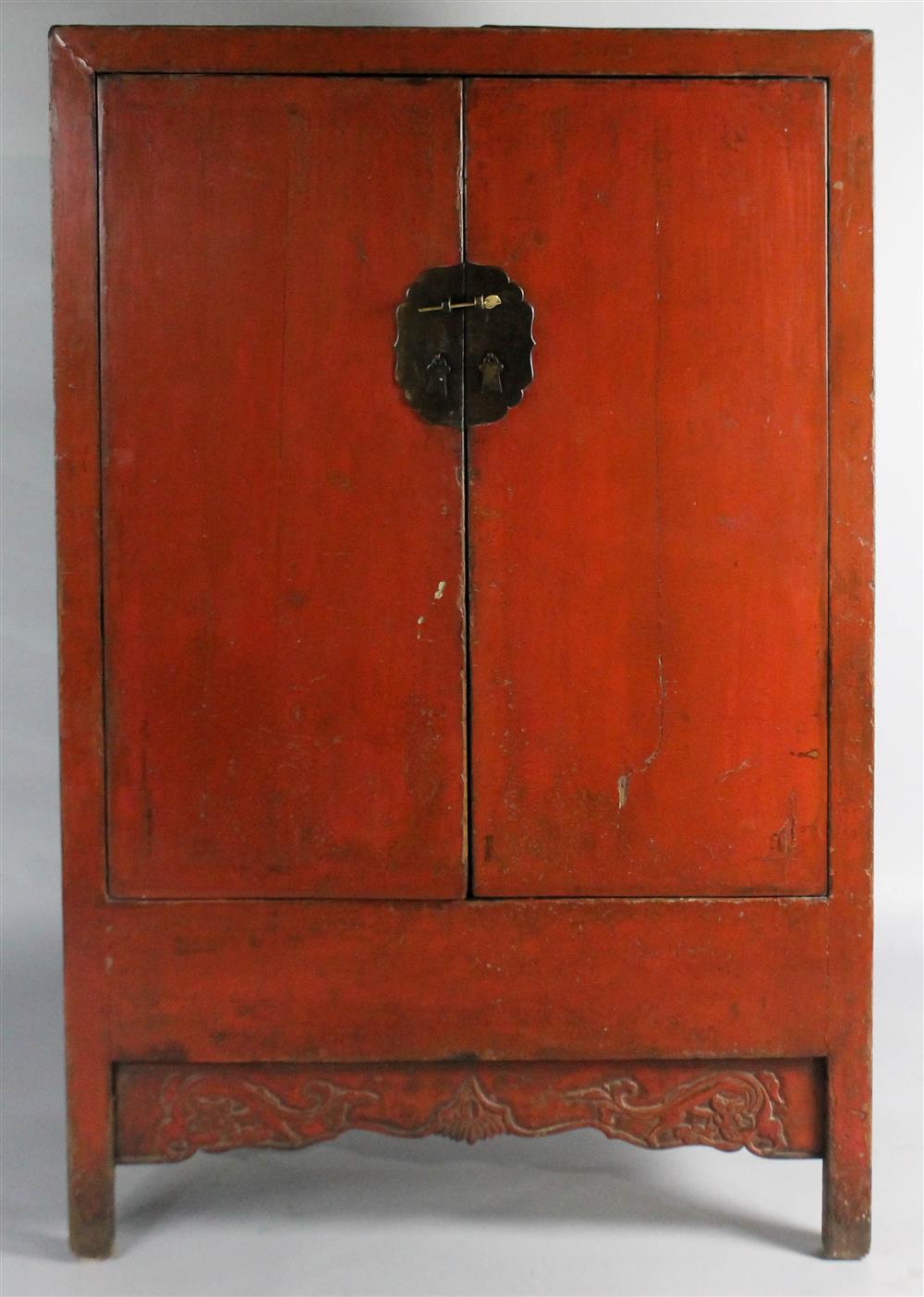 Appraisal: CHINESE RED-PAINTED MING-STYLE CABINET the rectangular case fitted with a