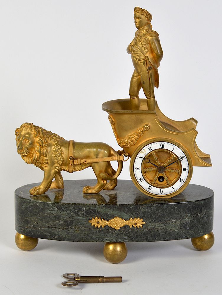 Appraisal: C Gilt Bronze Lion Chariot Clock Marble Base C Gilt