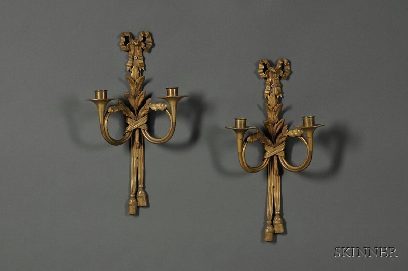 Appraisal: Pair of Louis XVI Style Bronze Two-light Wall Sconces early