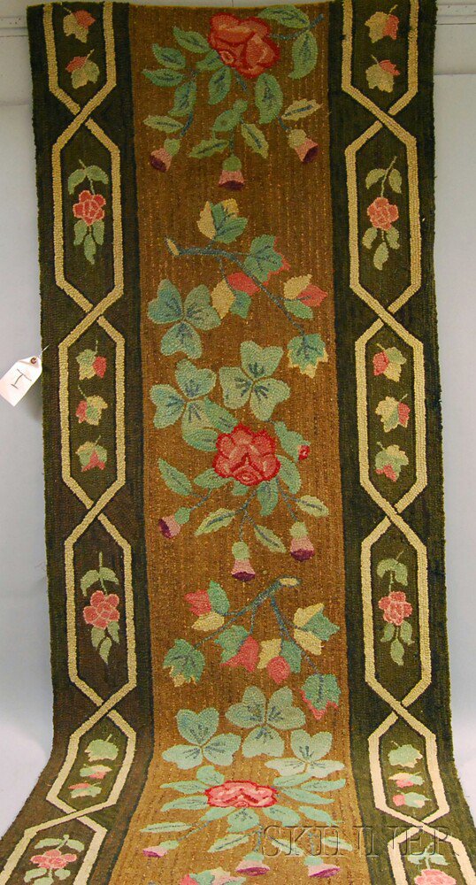 Appraisal: Hooked Rug Runner th th century with rose motifs throughout