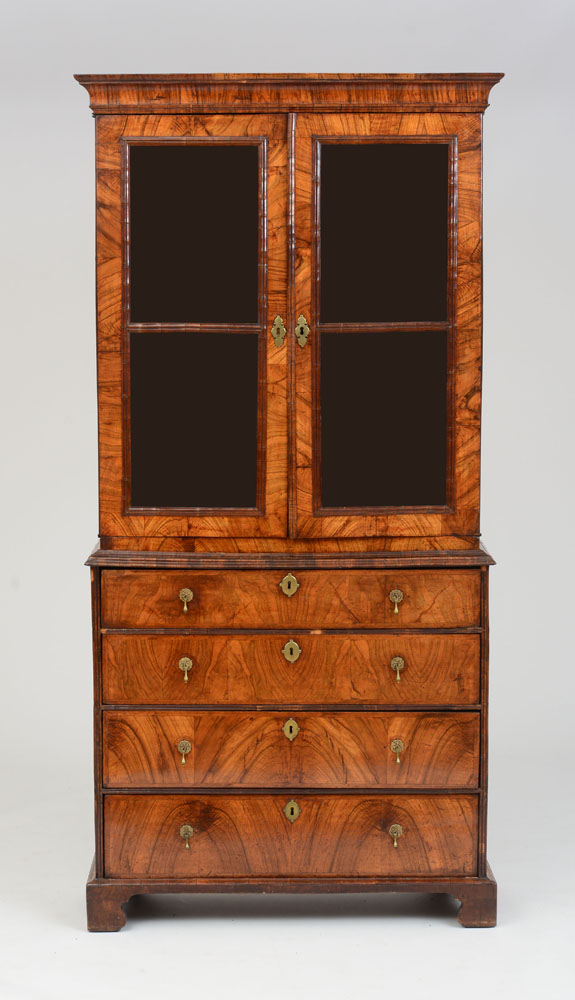 Appraisal: GEORGE I INLAID WALNUT BOOKCASE SECRETARY With molded overhanging cornice